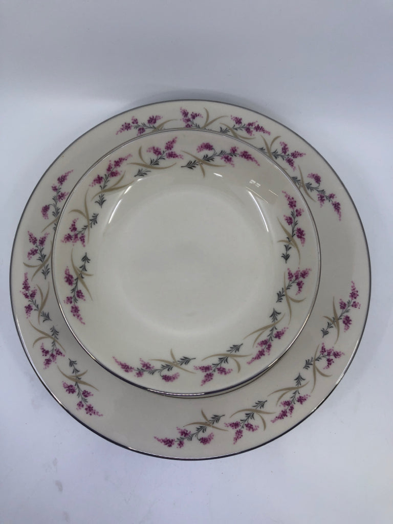 12 PC VTG TRIOMPHE LILAC FLORAL SERV FOR 6- 6 DINNER PLATES, 6 SALAD/SIDE BOWLS.