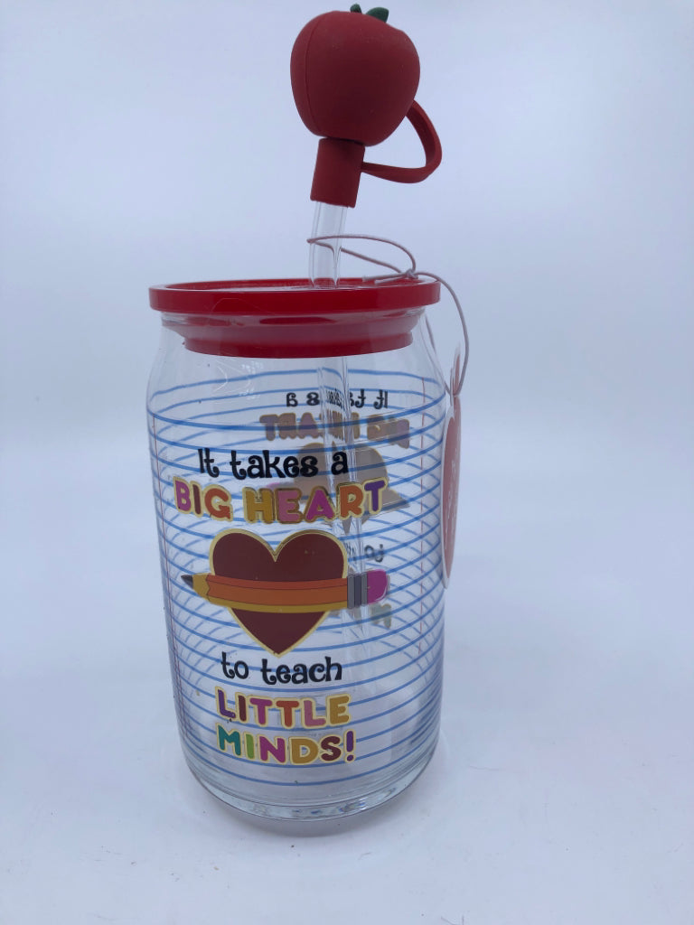 NIP BIG HEART TEACHER GLASS TUMBLER+ APPLE STRAW.