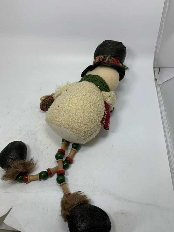 PLUSH PRIMITIVE STYLE SNOWMAN W/ BEADED LEGS SHELF SIT.
