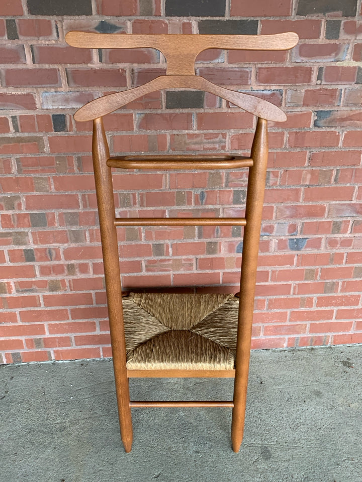 VTG TALL BACK BUTLERS CHAIR W/CANE SEAT.