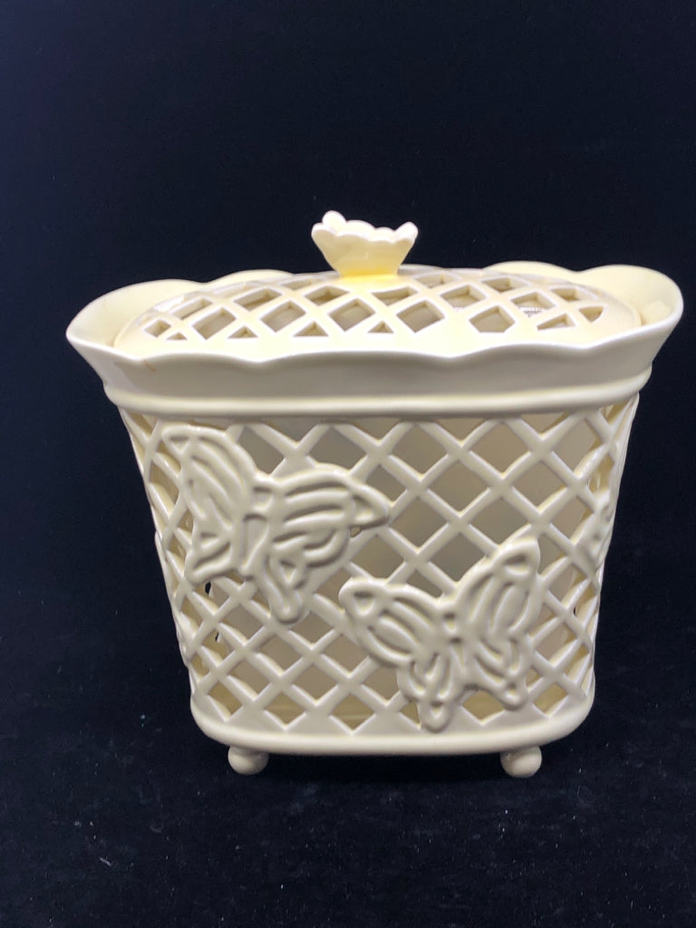 YELLOW LACE PATTERN W BUTTERFLIES CANISTER W INSERT AND LID.