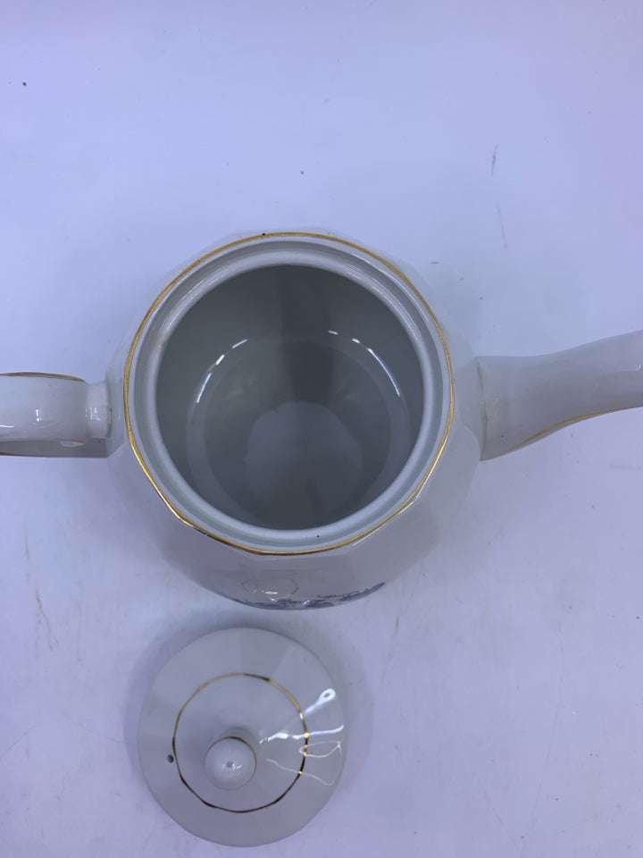 VTG WHITE TEA POT W/ BLUE BIRD/FLOWERS GOLD DESIGN.