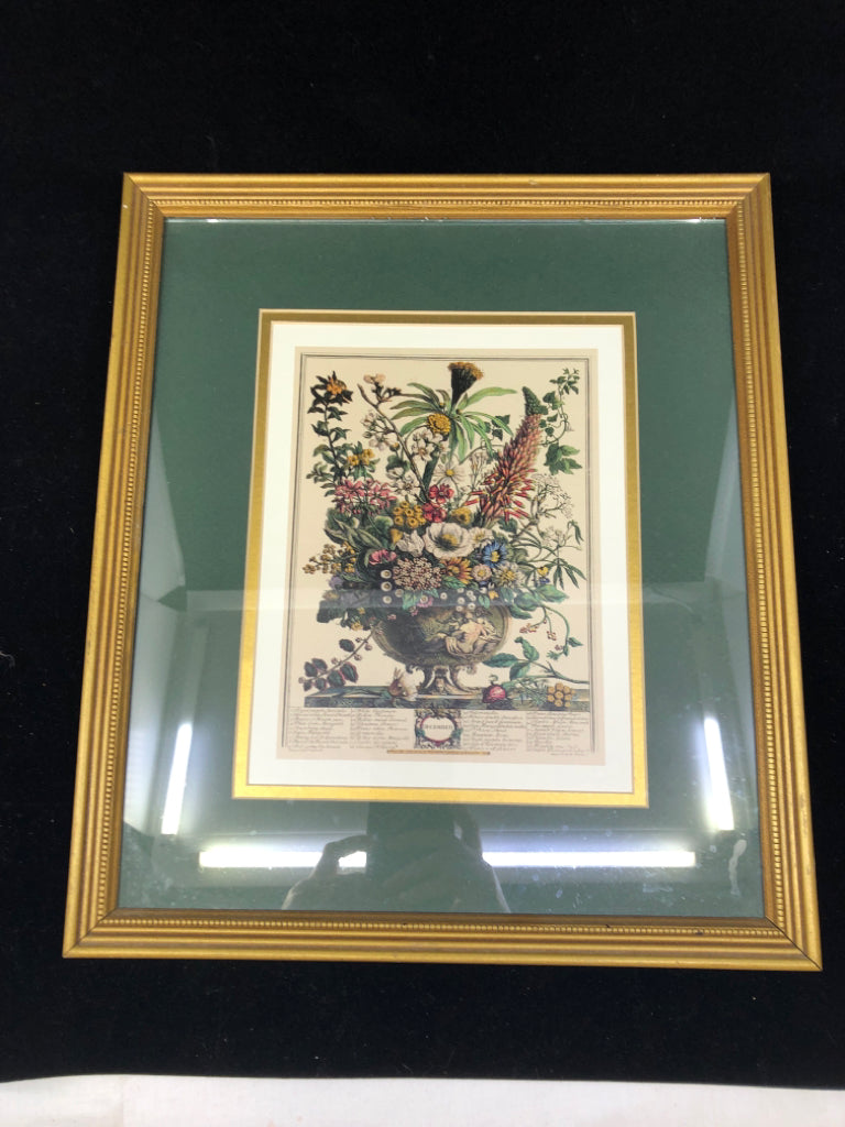 VTG DECEMBER FLORAL GOLD FRAME WALL ART.