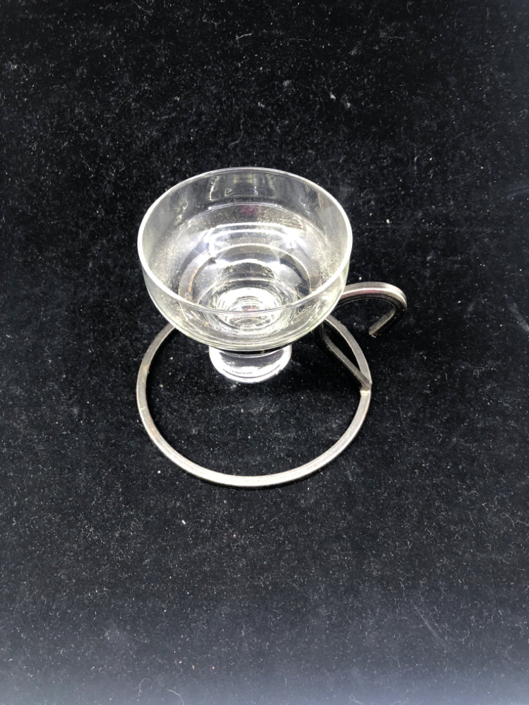 HEAVY METAL BASE W/ HANDLE GLASS INSERT TEA LIGHT HOLDER.