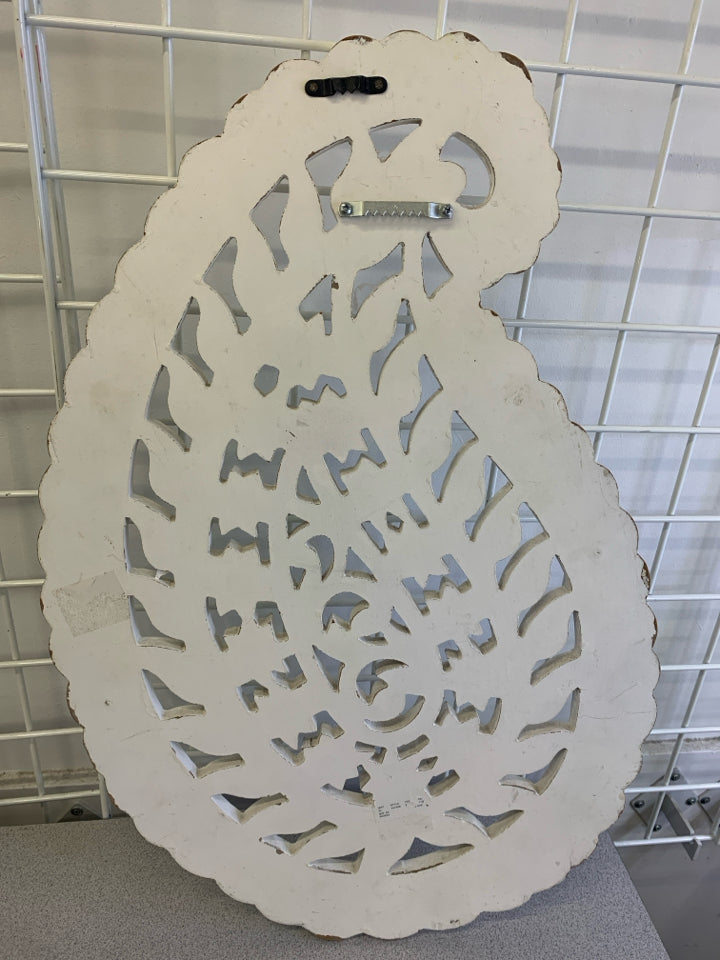 WHITE DISTRESSED WOOD-CARVED FLORAL OVAL WALL HANGING.