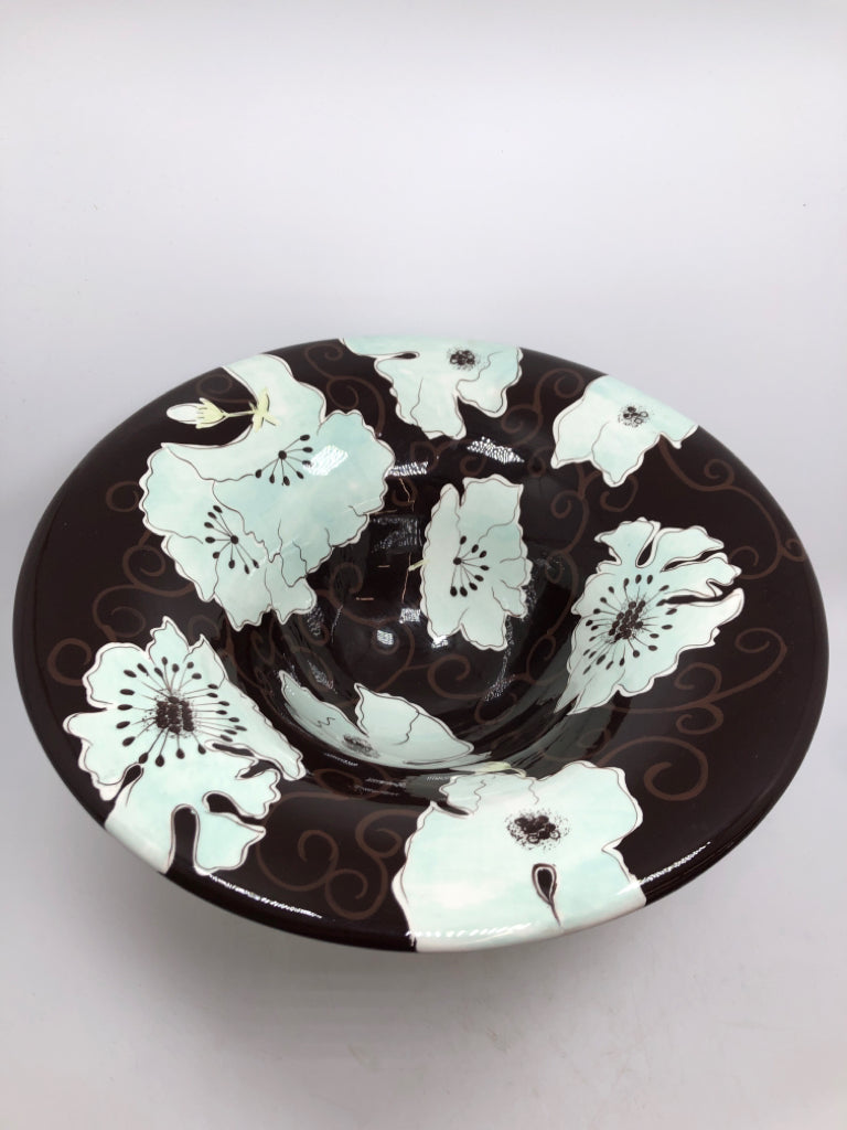 BROWN FLORAL PEDESTAL BOWL.