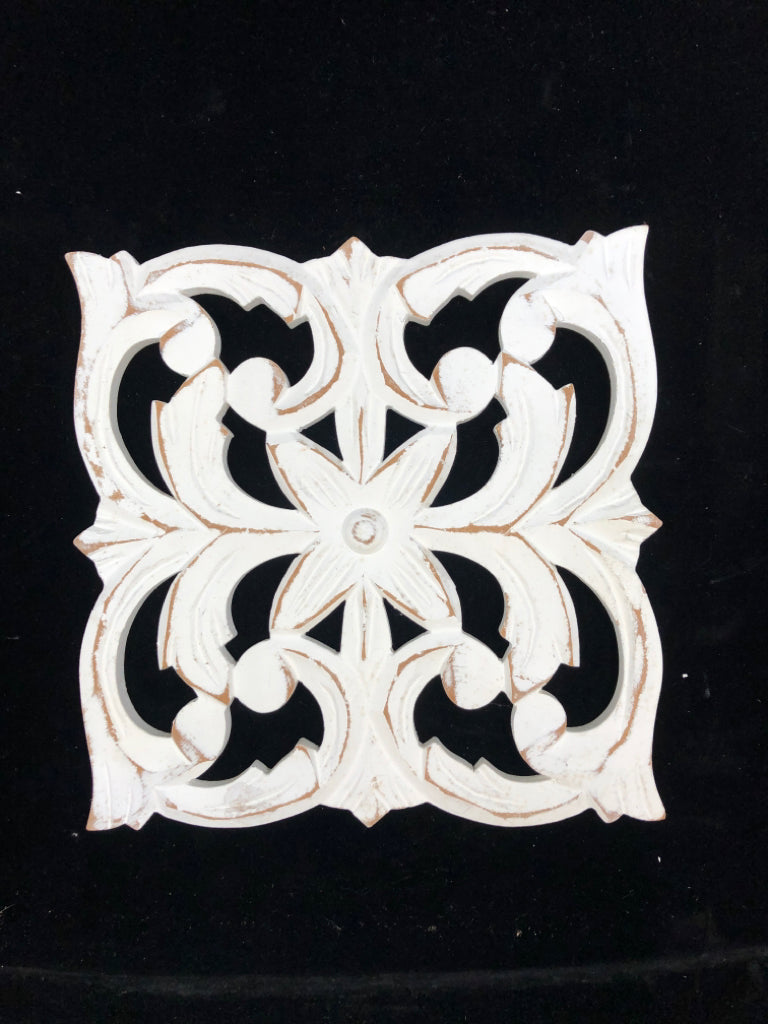WHITE HAND-CARVED FLORAL WOOD PANEL.