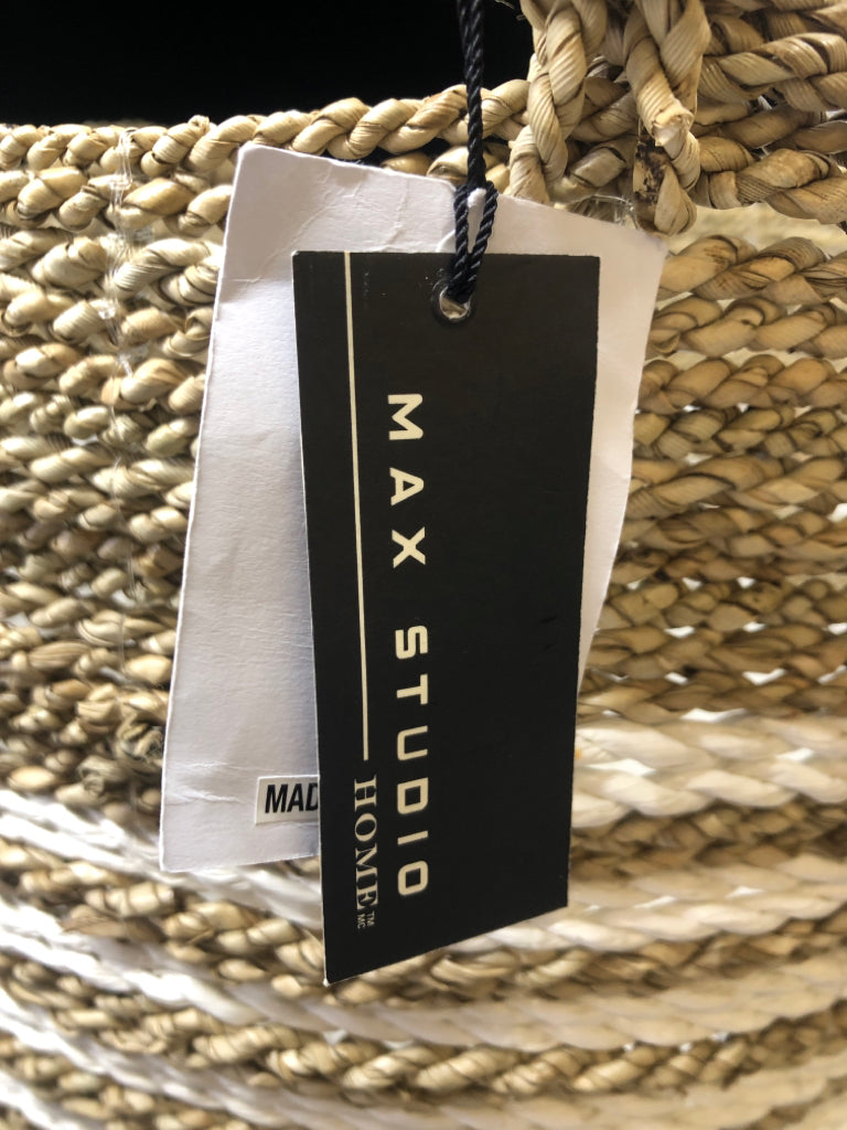 WHITE & BEIGE 2-TONED WICKER BASKET W/HANDLES MAX STUDIO.