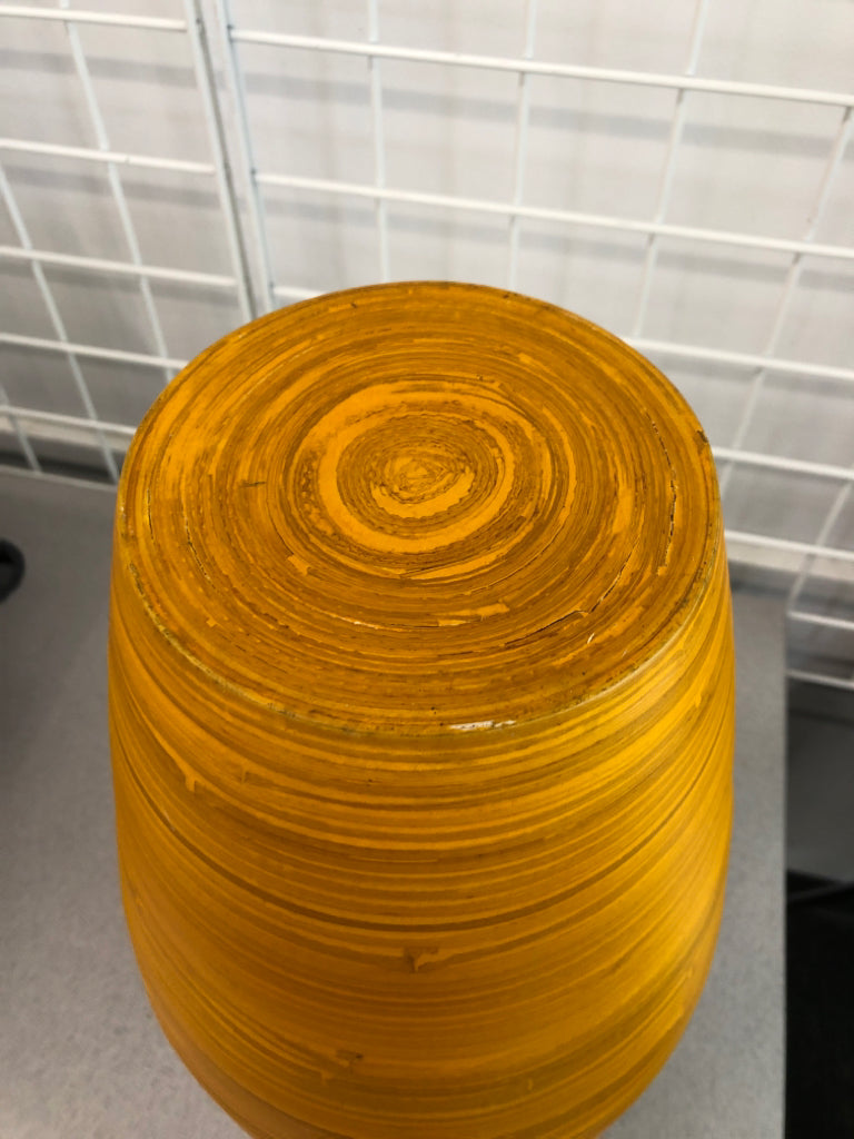 ORANGE PAINTED LIGHT WOODEN VASE.
