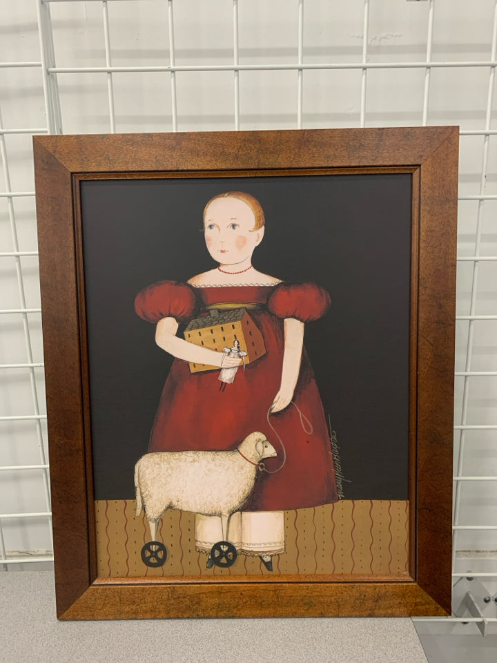 PRIMITIVE FOLK ART GIRL W/DOLL & SHEEP-MARY BETH BAXTER.