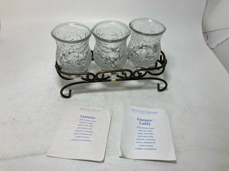 3 FANTASIA PRINCESS HOUSE TEA LIGHT HOLDERS IN STAND.