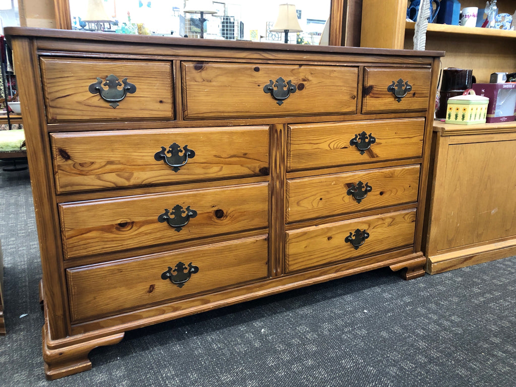 WOOD DRESSER W 9 DRAWERS AND MIRROR.