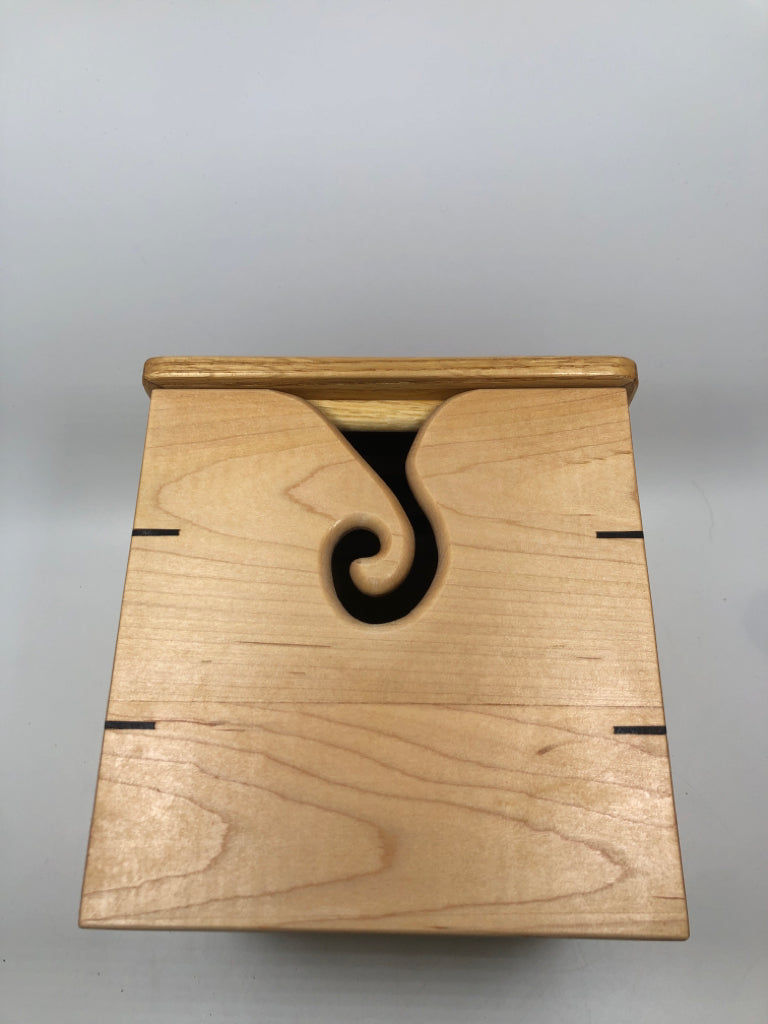 WOODEN YARN BOX W/SPIRAL CUT-OUT.