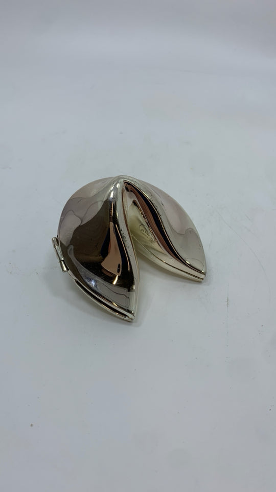SILVER METAL FORTUNE COOKIE BOX.