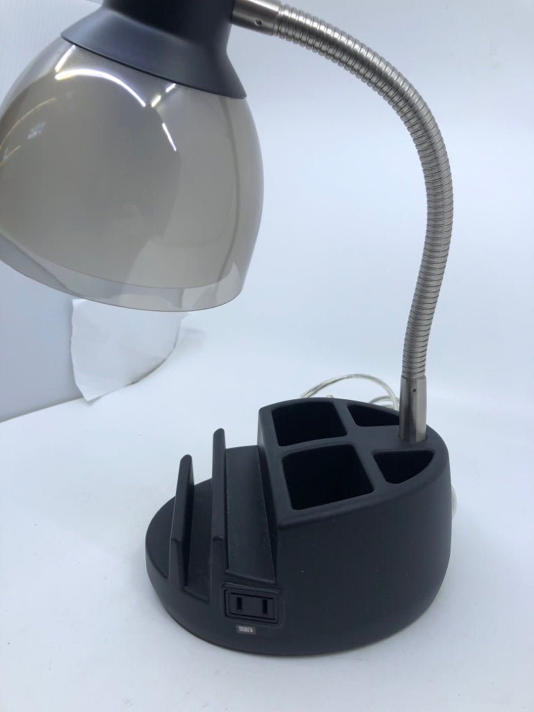 BLACK DESK LAMP W/ORGANIZERS ATTACHED.