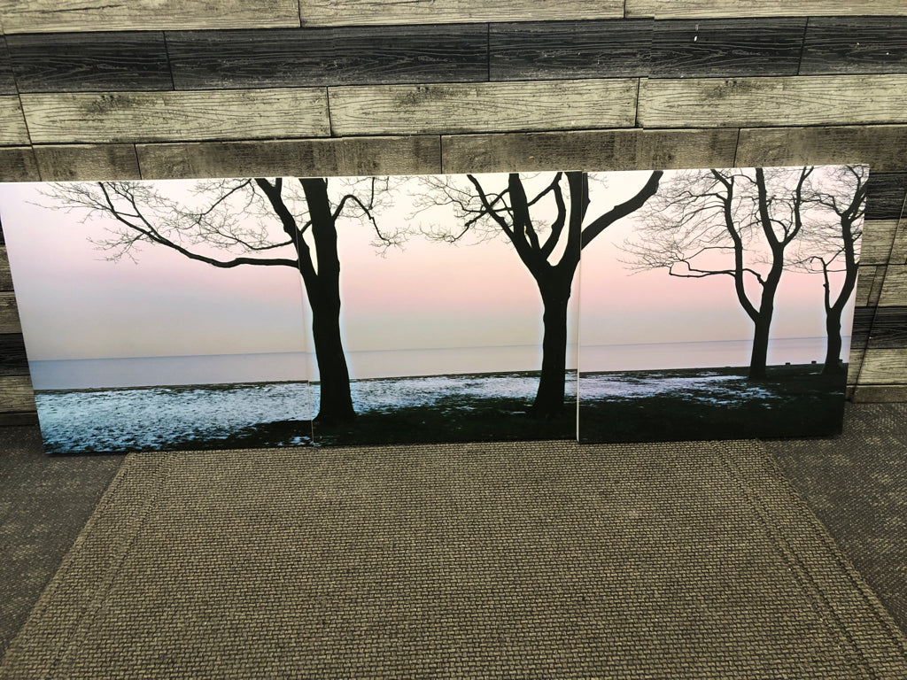 3PC WALL ART TREE SILHOUETTES AND OCEAN.