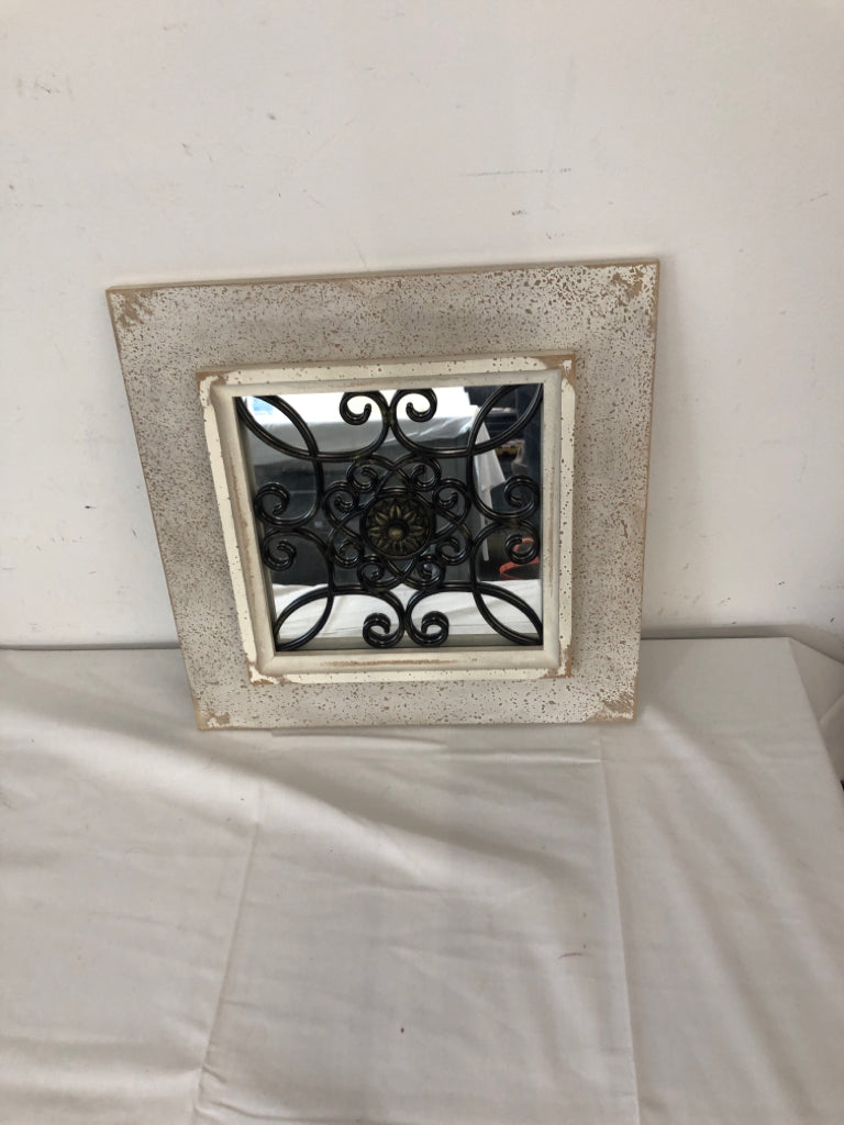 WHITE DISTRESSED BACKING MIRROR W SCROLL WALL HANGING.