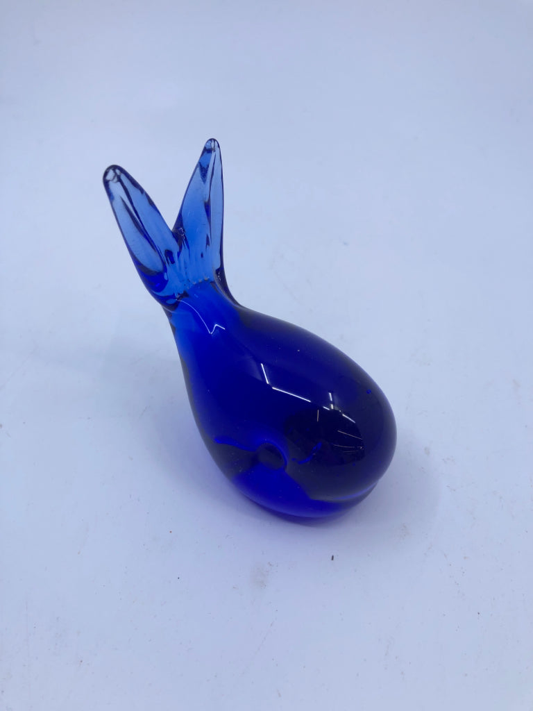 COBALT GLASS WHALE PAPERWEIGHT.