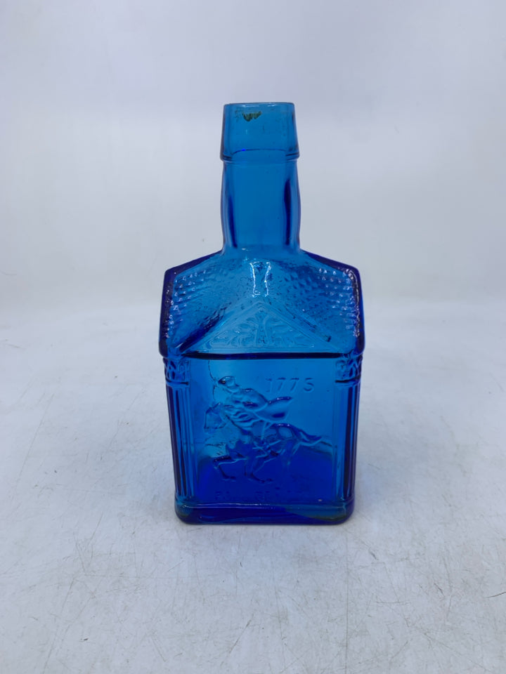 VTG BLUE GLASS PAUL REVERE HOUSE SHAPED EMPTY BOTTLE.