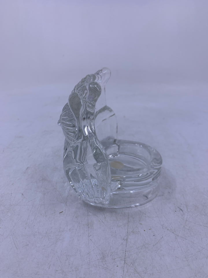 CLEAR GLASS EMBOSSED OWL TEA LIGHT HOLDER.