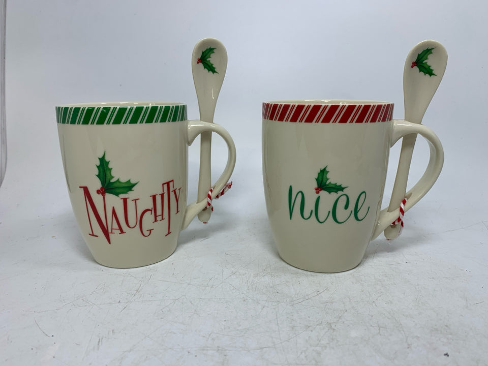 2 LENOX NAUGHTY & NICE MUGS W/ SPOONS.