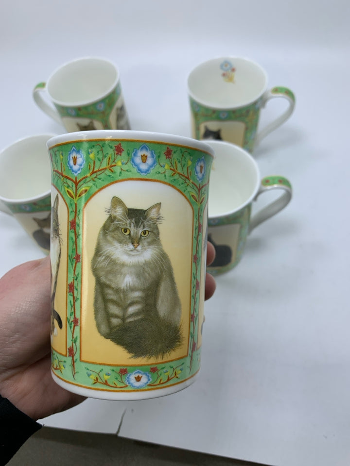 5 BONE CHINA ASSORTED CAT MUGS.