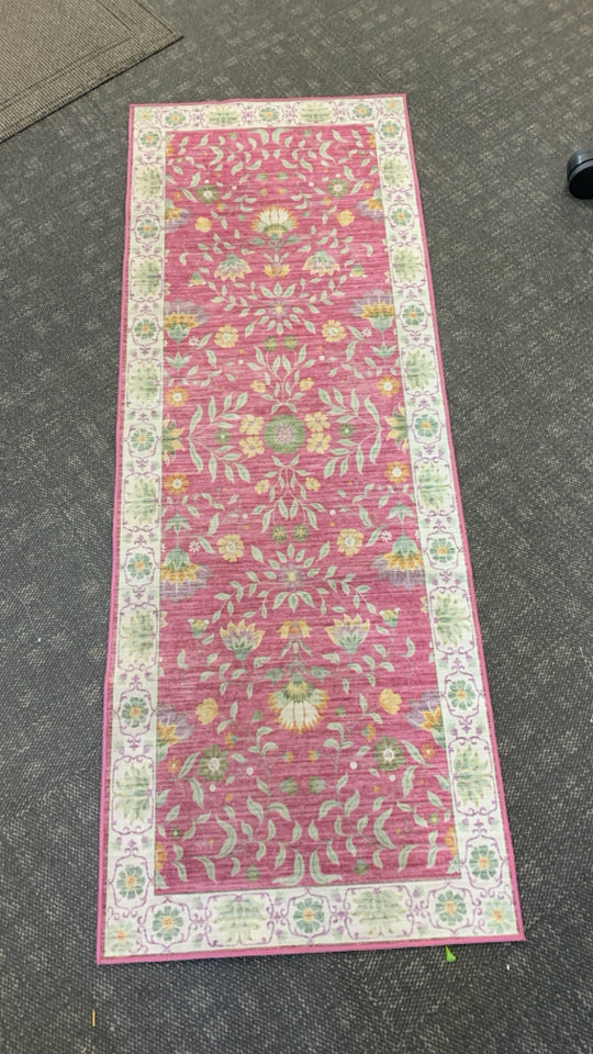 PINK W/ GREEN FLOWERS RUG RUNNER WASHABLE.