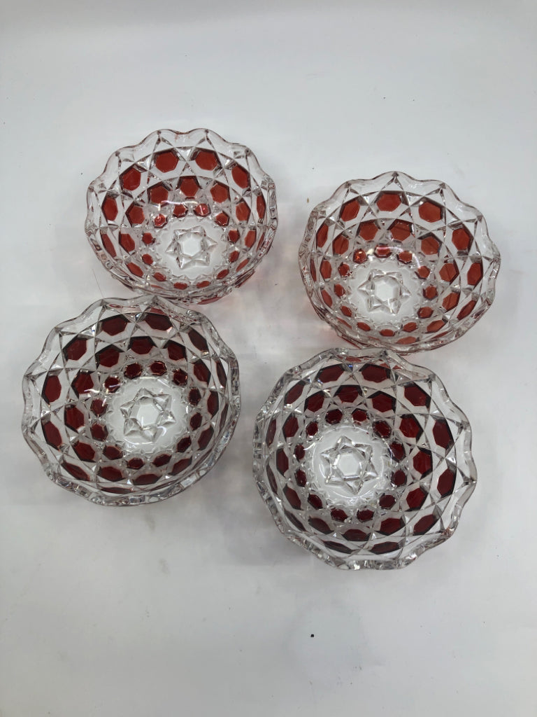 4 RED AND CLEAR GLASS NUT BOWLS.