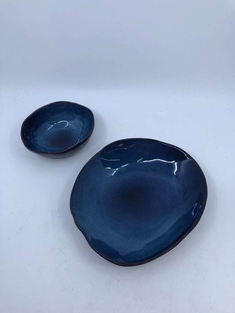 2PC DARK BLUE GLAZED CERAMIC PLATE AND DIP BOWL.