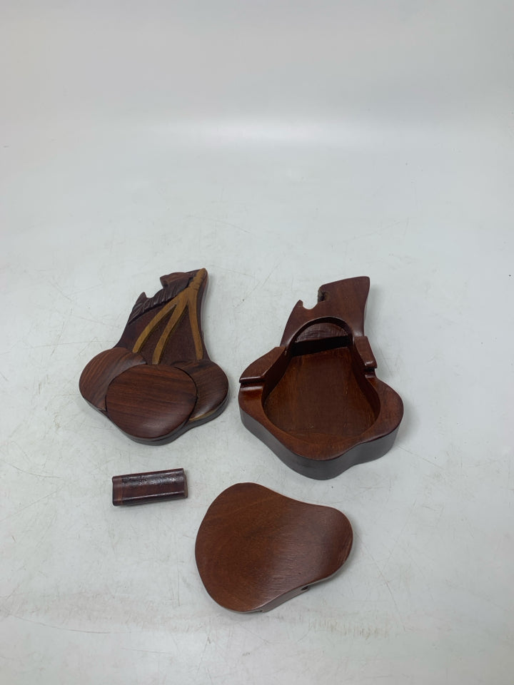 DARK WOOD CARVED CHERRIES PUZZLE TRINKET BOX.