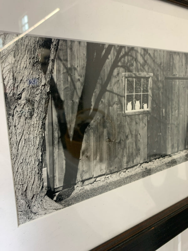 BLACK/WHITE PHOTO OF 3 PITCHERS IN BARN WINDOW WALL ART.