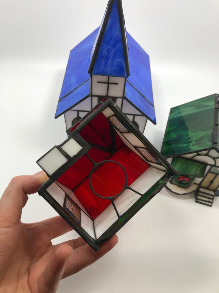 3 PC STAINED GLASS TEA LIGHT CANDLE COVERS-CHURCH, RED ROOF, GREEN ROOF.