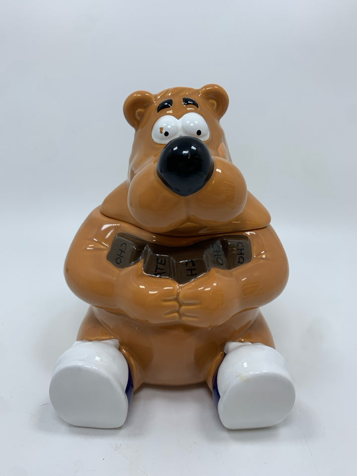 VTG SID BEAR CHOCOLATE BAR CERAMIC CANDY JAR W/LID.