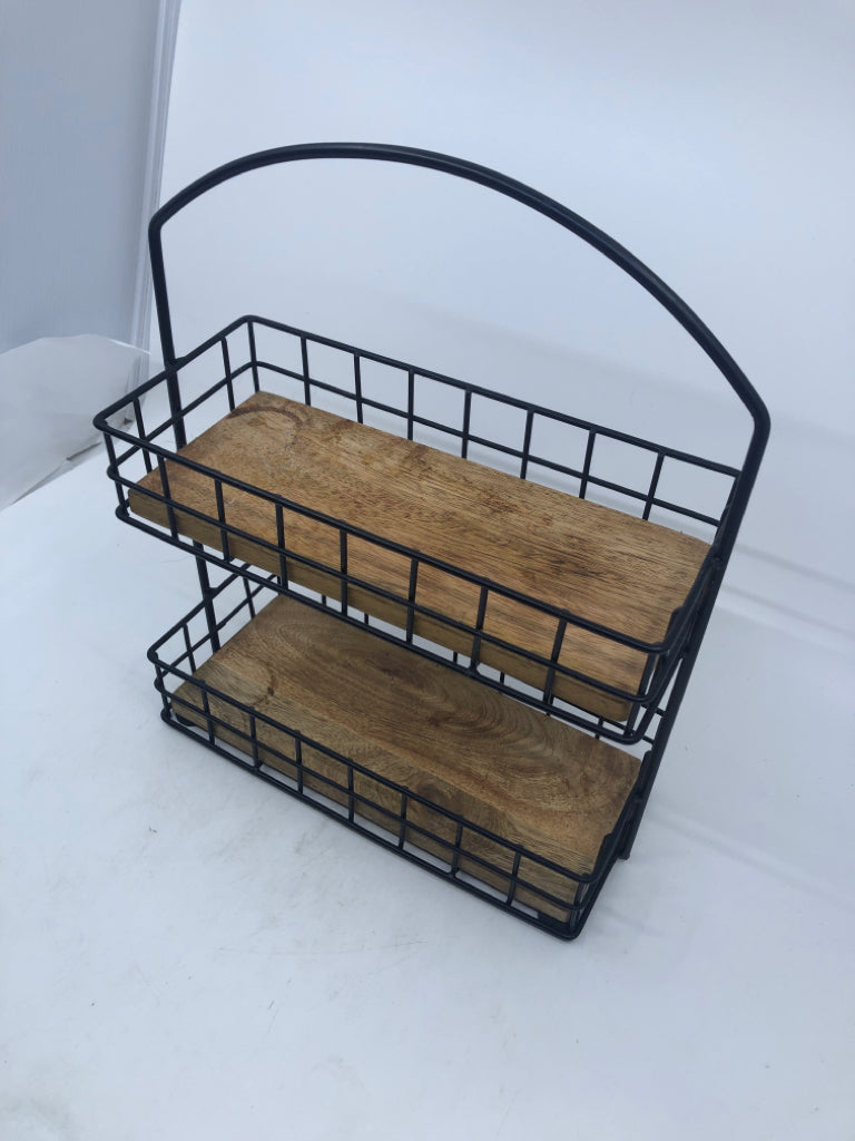 2 TIER BLACK METAL SPICE RACK W/ WOOD BOTTOMS.