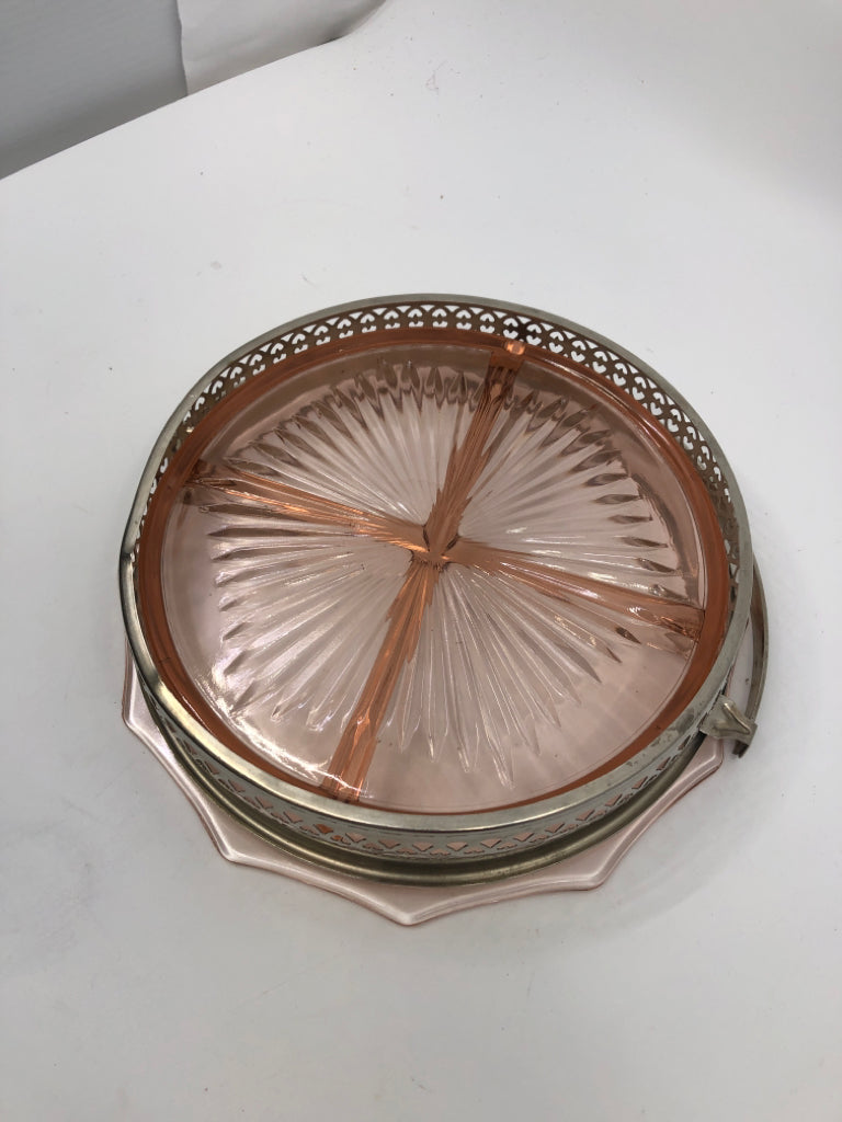 VTG PINK DEPRESSION GLASS DIVIDED SERVER IN SILVER HOLDER.