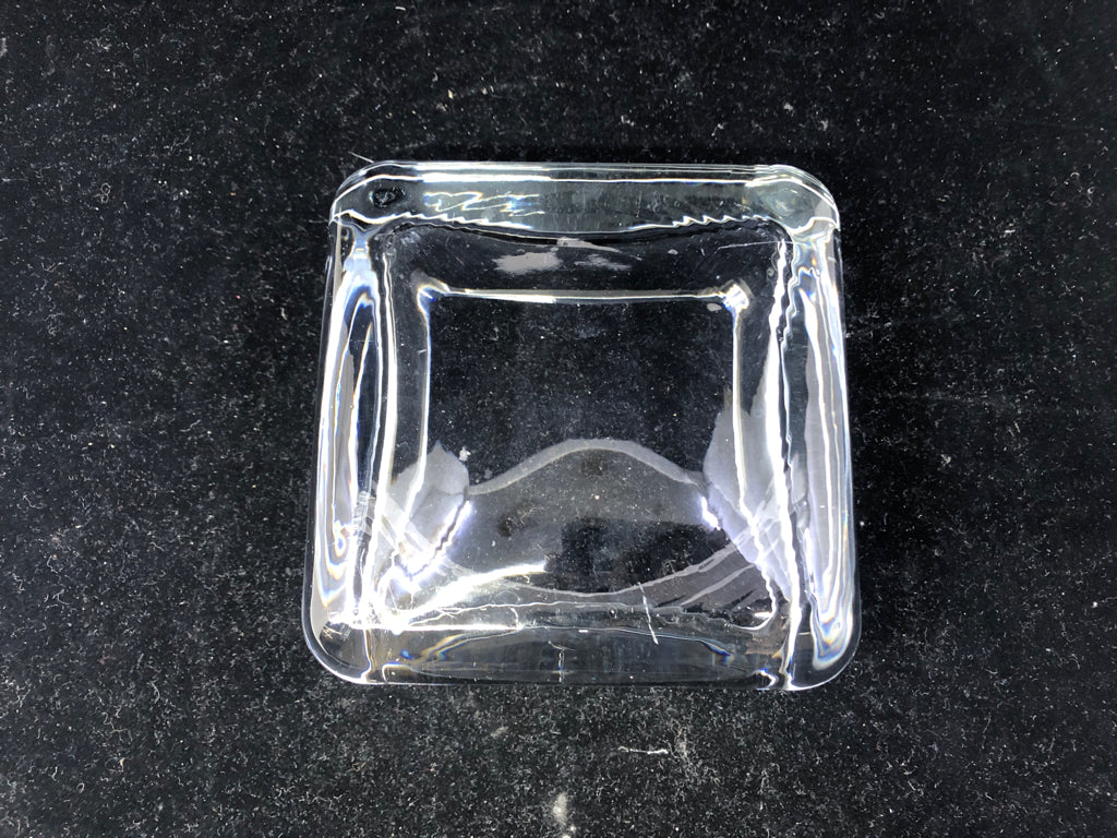 HEAVY SQUARE THICK GLASS CANDY DISH.