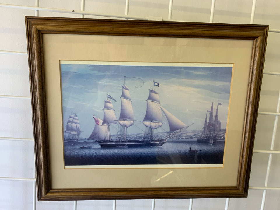 LARGE SHIPS IN WOOD FRAMED PRINT.