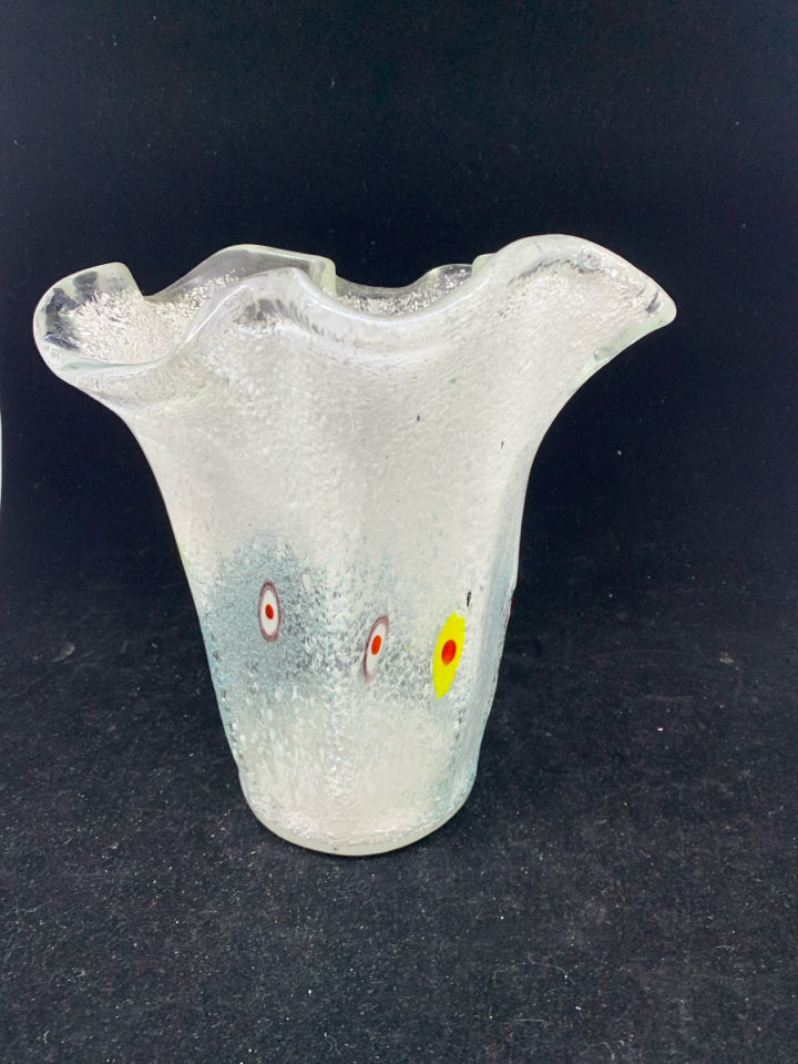 WAVY FROSTED VASE/CANDLE HOLDER W/ COLORED DESIGN.