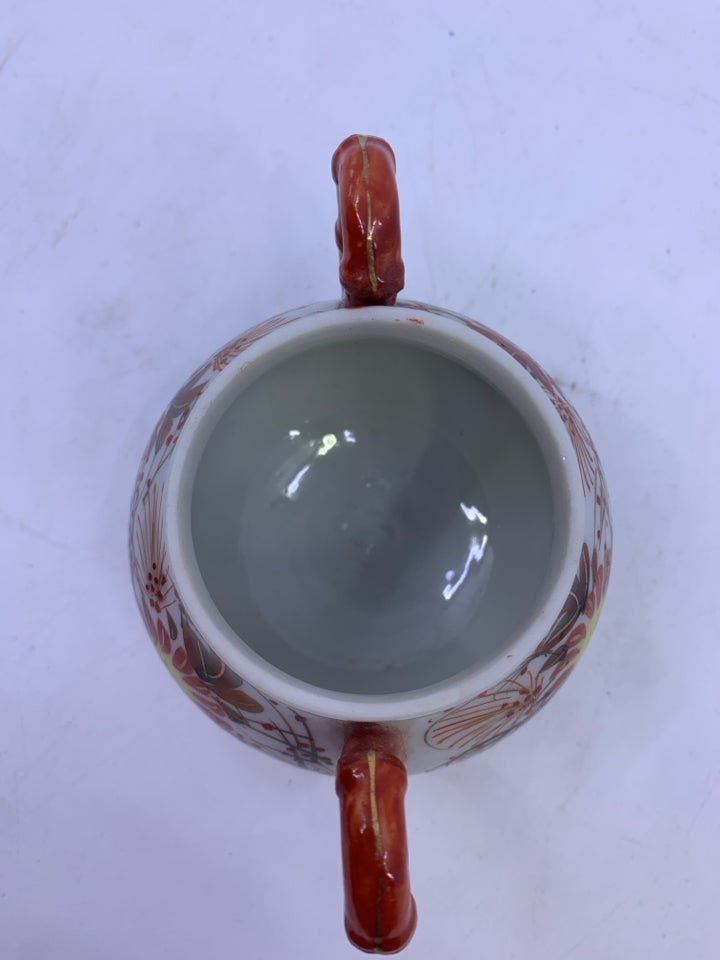 SMALL SUGAR BOWL ORANGE W/ FLOWERS.