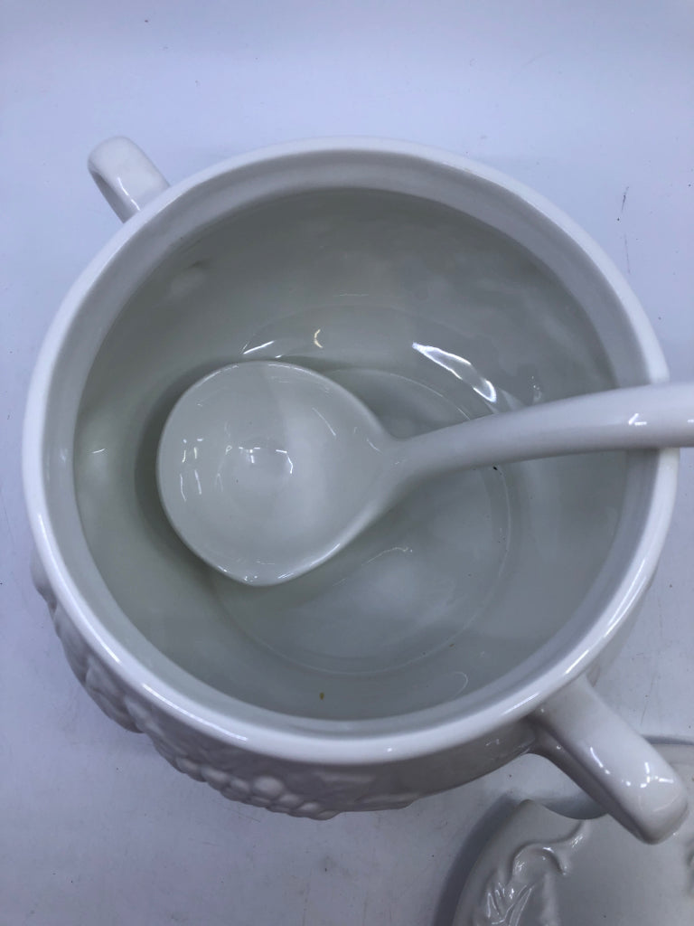 EMBOSSED FRUIT SOUP TUREEN + LADLE.