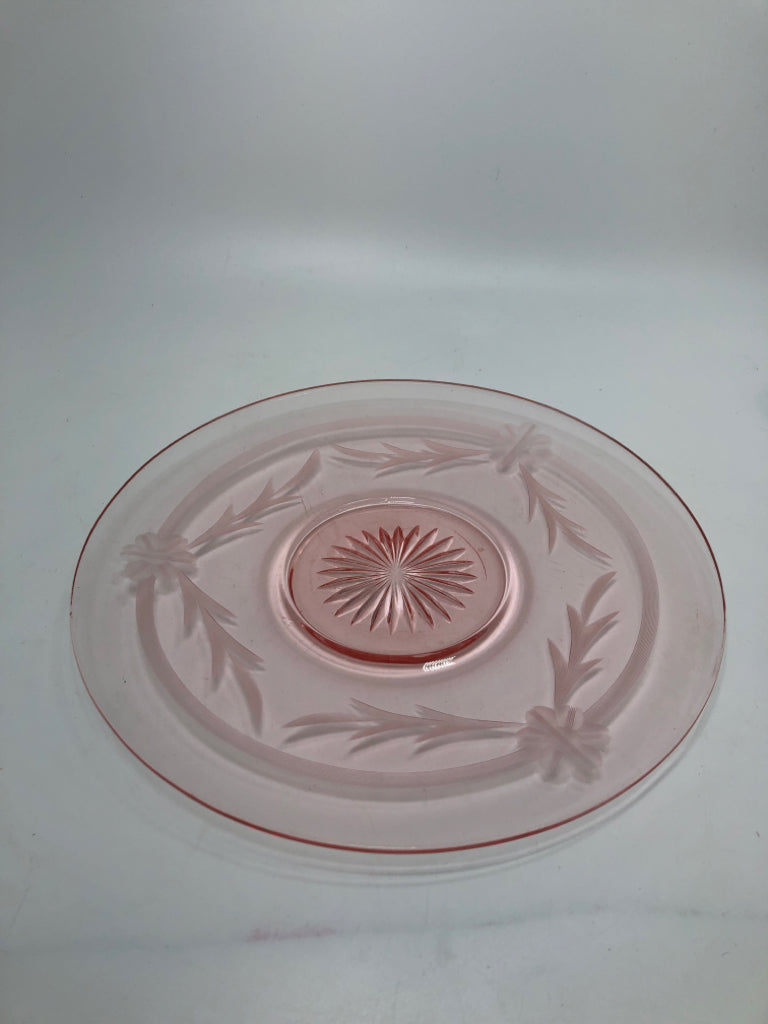 VTG PINK GLASS ETCHED PLATE.