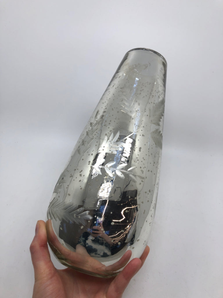 TALL MERCURY GLASS VASE W/ SPECKLES/LEAF DESIGN.