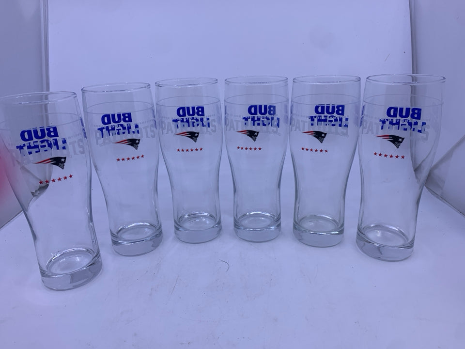 6 PATRIOTS BUDLIGHT BEER GLASSES.
