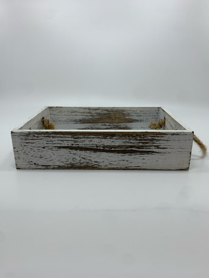 WHITE WASHED WOOD TRAY W/TWINE HANDLES.