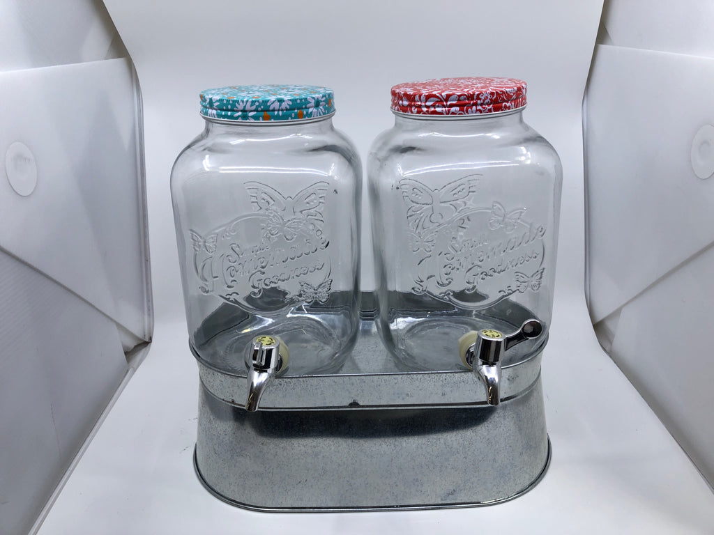 3 PC GLASS DRINK DISPENSER SET W/ GALVANIZED STAND COLORFUL LIDS.