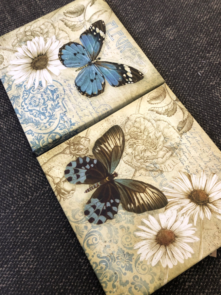 2 PC CANVAS BUTTERFLIES,DAISIES,SCRIPT ART.