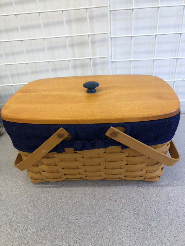 2012 NAVY LINED PICNIC BASKET W/LID, SWING HANDLES.