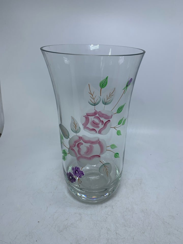 VTG ROMANIAN ART GLASS ETCHED PAINTED PINK ROSES CRYSTAL VASE.