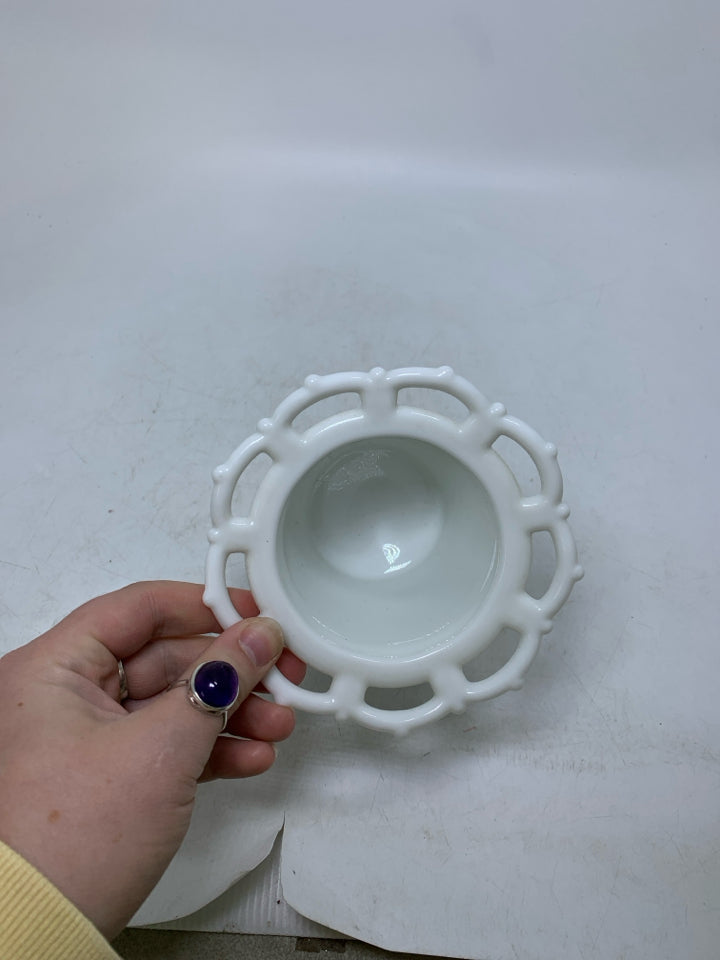FOOTED EMBOSSED GRAPES MILK GLASS COVERED JAR LACE EDGE.