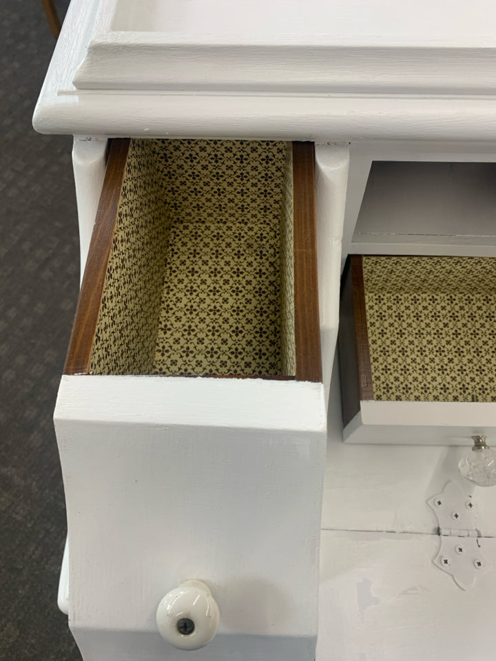 VTG WHITE PAINTED PULL DOWN DESK 7 DRAWERS.